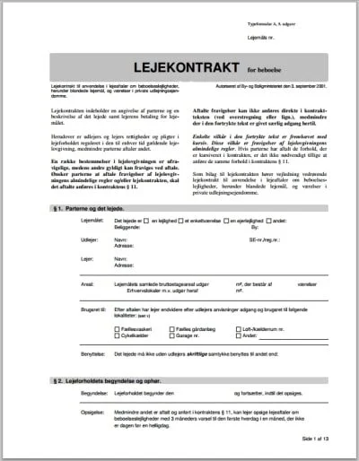 standard lejekontrakt eksempel til udlejning af bolig